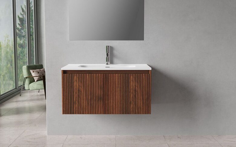 Bathroom cabinet with sink and porcelain top, 80 cm, one drawer, dark teak