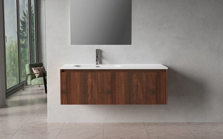 Bathroom cabinet with sink and porcelain top, 120 cm, two drawers, dark teak