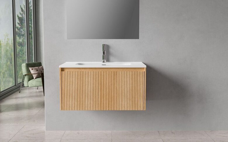 Bathroom cabinet with sink and porcelain top, 80 cm, one drawer, light teak