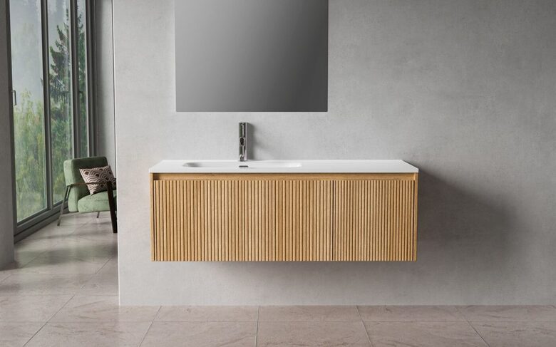 Bathroom cabinet with sink and porcelain top, 120 cm, two drawers, light teak