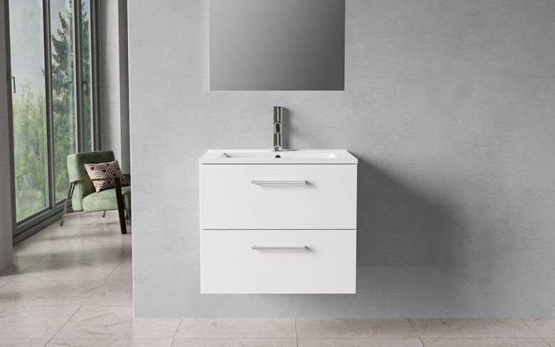 Bathroom cabinet, 60 cm, matt white, 2 drawers, chrome handles