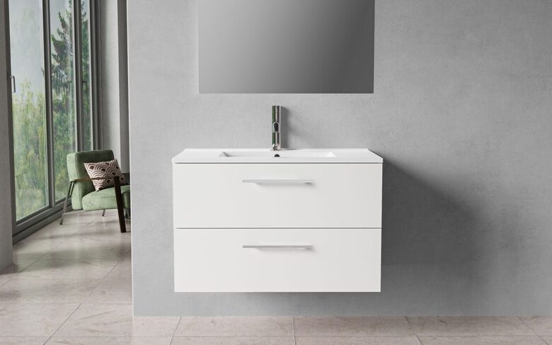 Bathroom cabinet, 80 cm, matt white, 2 drawers, chrome handles