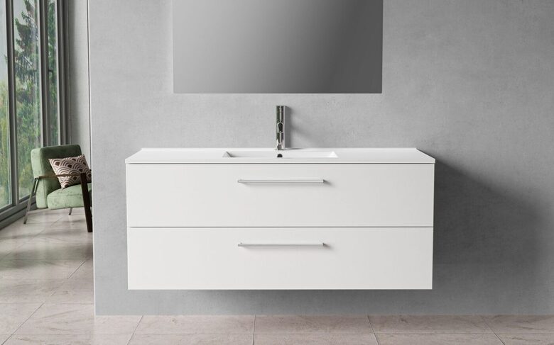 Bathroom cabinet, 120 cm, matt white, 2 drawers, chrome handles