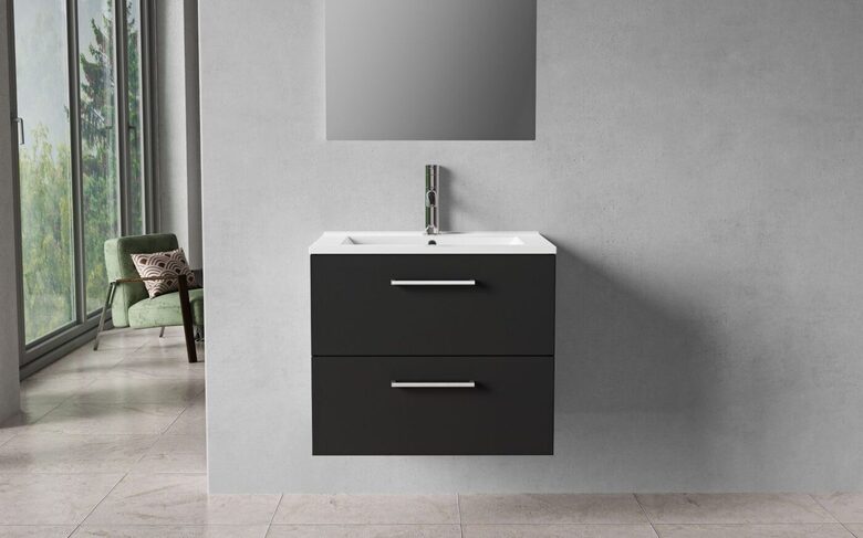 Bathroom cabinet, 60 cm, matte black, 2 drawers, chrome handles