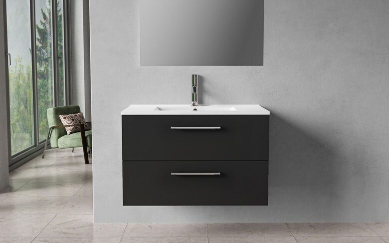 Bathroom cabinet, 80 cm, matte black, 2 drawers, chrome handles
