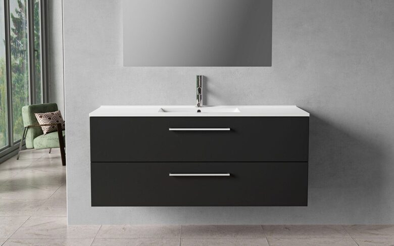 Bathroom cabinet, 120 cm, matte black, 2 drawers, chrome handles
