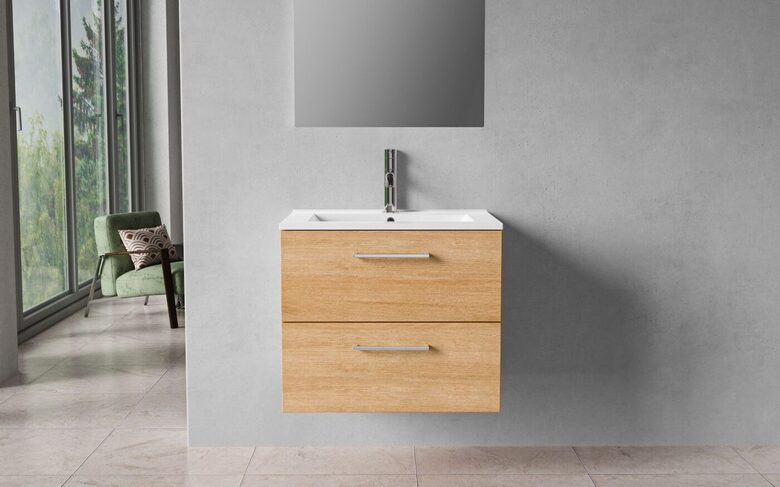 Bathroom cabinet, 60 cm, warm oak, 2 drawers, chrome handles