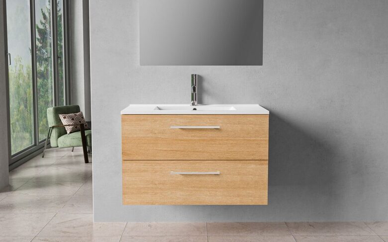 Bathroom cabinet, 80 cm, warm oak, 2 drawers, chrome handles