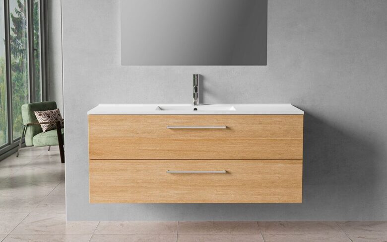 Bathroom cabinet, 120 cm, warm oak, 2 drawers, chrome handles