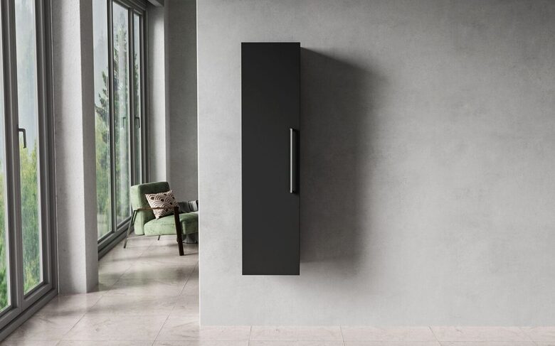 Bathroom side cabinet, 30 x 28 x 120 cm, matte black, single door, 3 shelves