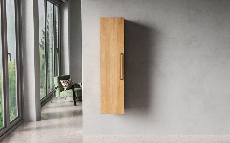 Bathroom side cabinet, 30 x 28 x 120 cm, warm oak, single door, 3 shelves