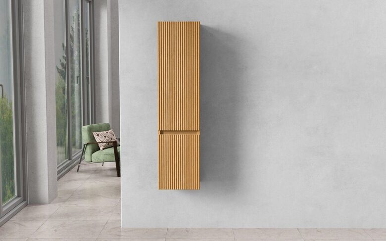 Side cabinet, 30 x 28 x 120 cm, light teak, two doors, 3 shelves