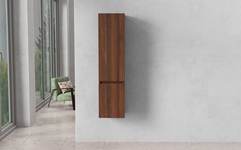 Side cabinet, 30 x 28 x 120 cm, dark teak, two doors, 3 shelves