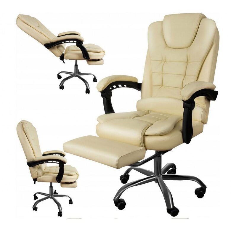 BOSS swivel office chair with footrest - cream LEATHER
