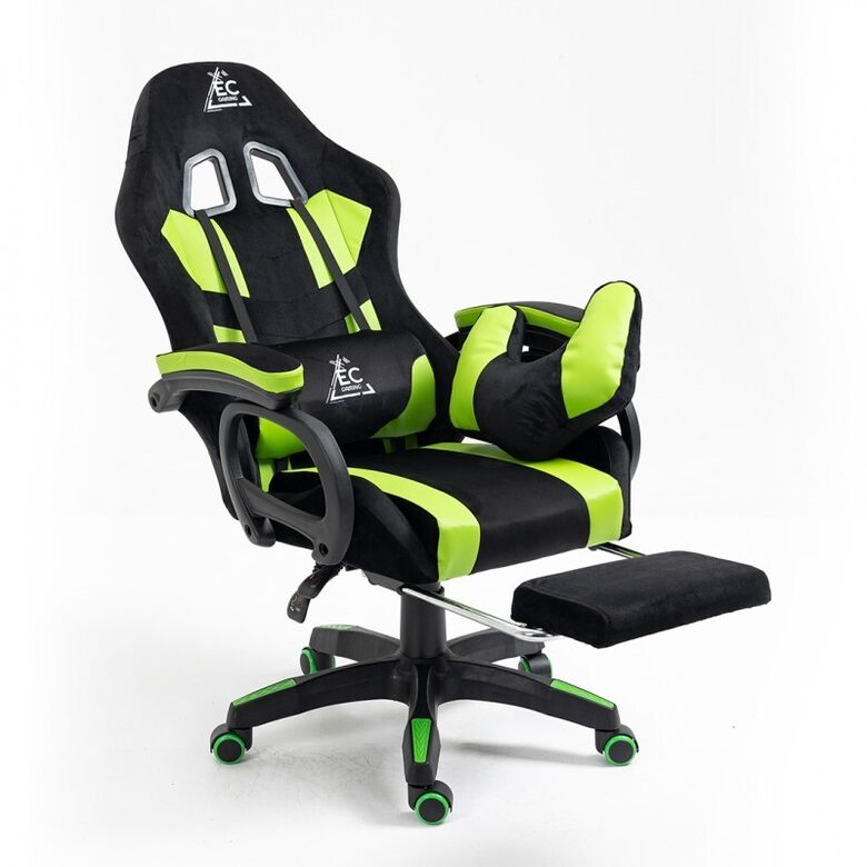 "STUDENT" swivel gaming chair with footrest and massage cushion, green