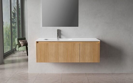 Vannasistabas skapis ar izlietni un porcelāna virsmu, 120 cm, divas atvilktnes, gaišs tīkkoks