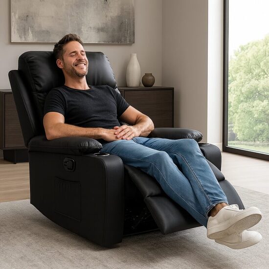 Atgāžams krēsls ar dzērienu turētāju, melna eko āda